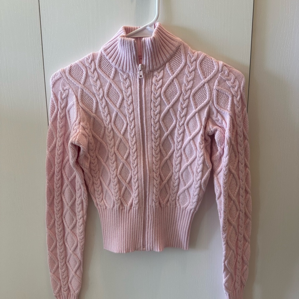 SKIMS Pink Cowl Neck Sweater with Cable Knit Design